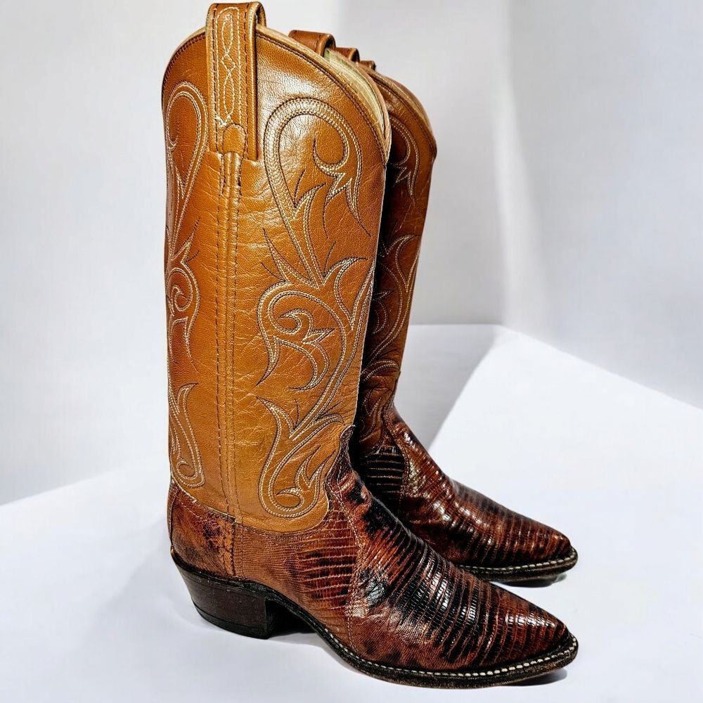 Vintage Dan Post Genuine Teju Lizard Exotic Leather Cowboy Western Boots Brown 6